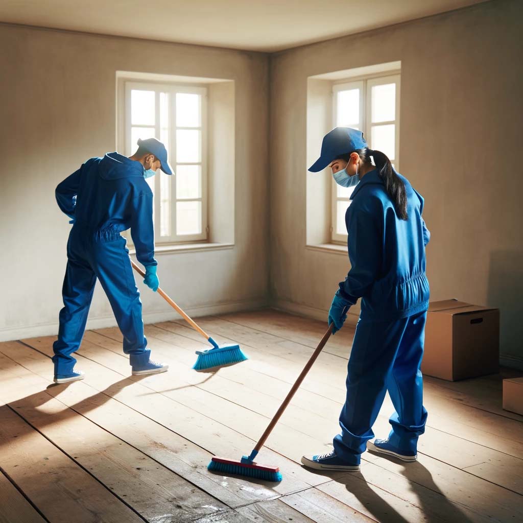 two workers cleaning a house