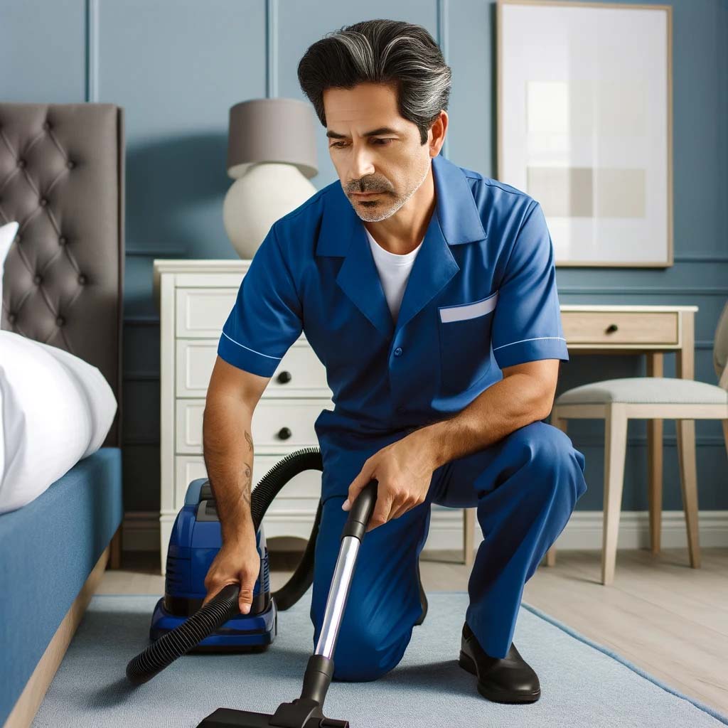 man deep cleaning bedroom