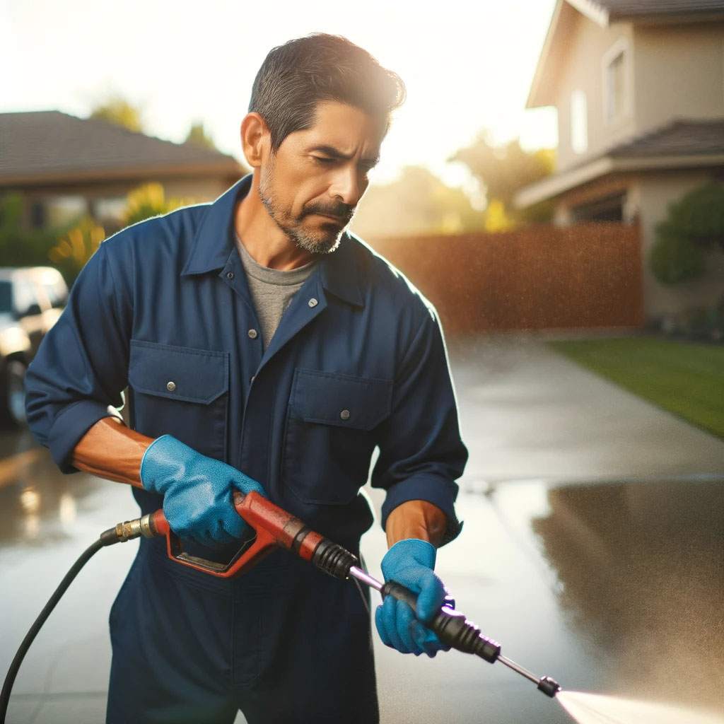 man pressure washing driveway