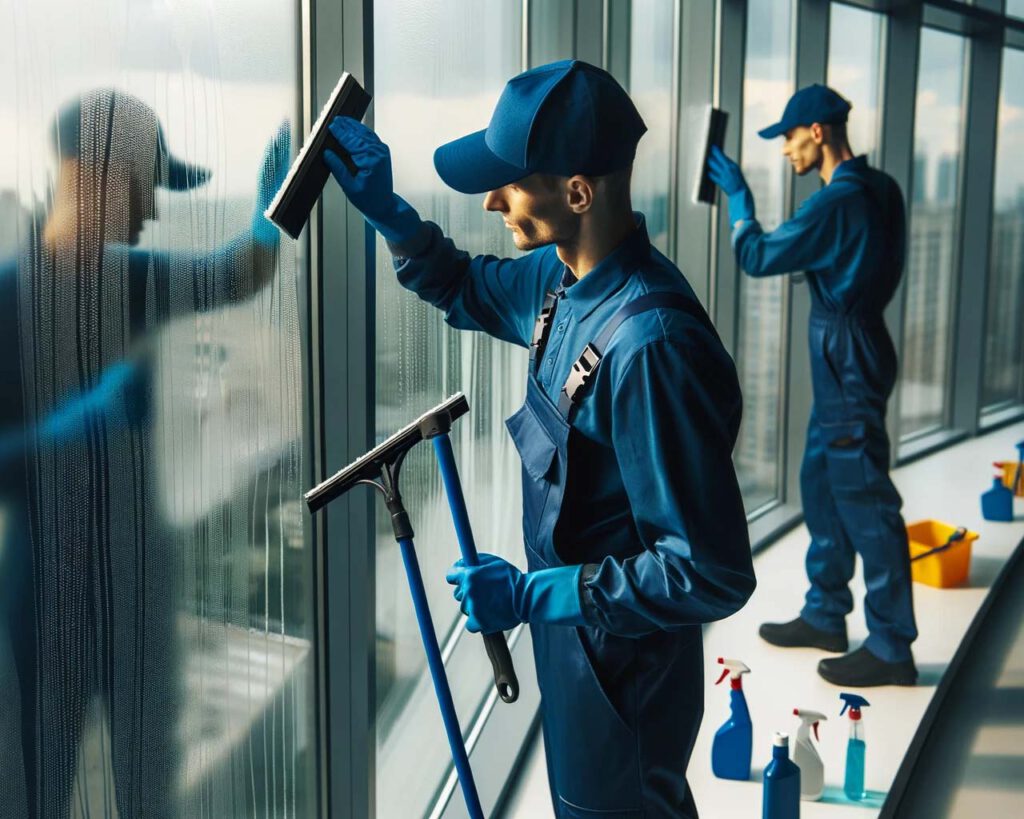 Professional maintenance workers cleaning windows. They are maintenance workers wearing royal blue uniforms.